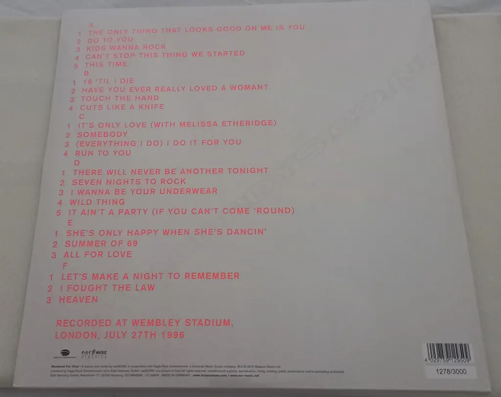 Bryan Adams, Wembley 1996 Live, (Sealed Album) Image 1++